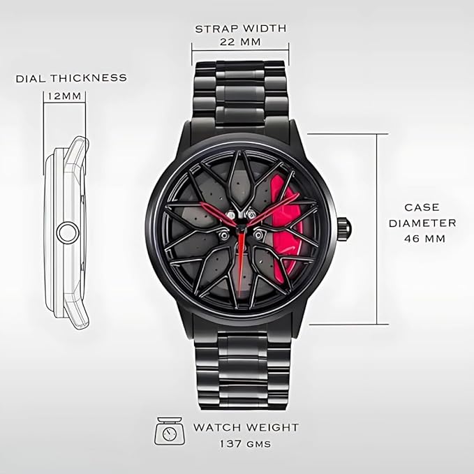 Men's Sports Watch with Racing Rim Design Roting Dial, Black Stainless Steel Band, Red Accent for CAR Wheel Watch