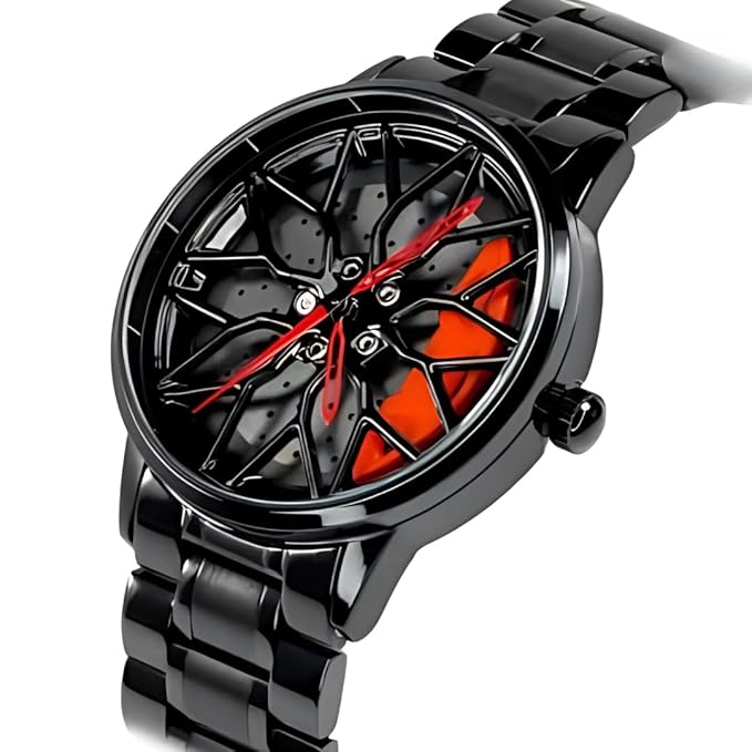 Men's Sports Watch with Racing Rim Design Roting Dial, Black Stainless Steel Band, Red Accent for CAR Wheel Watch