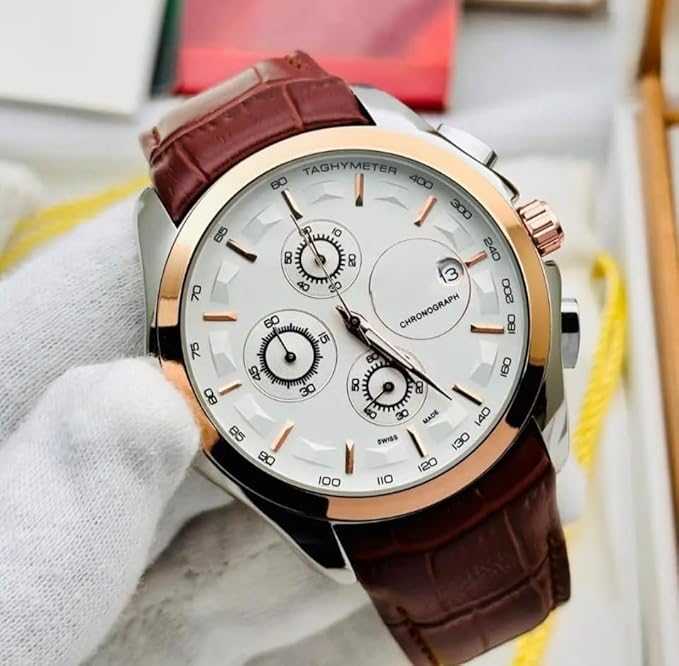Men's Chronograph Watch with Brown Leather Strap, Rose Gold Case, White Dial, Tachymeter Wrist Watch for Men