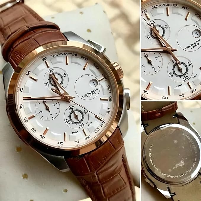 Men's Chronograph Watch with Brown Leather Strap, Rose Gold Case, White Dial, Tachymeter Wrist Watch for Men