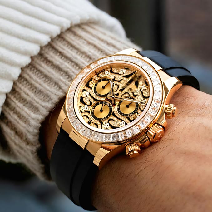 Luxury Men's Chronograph Watch, Gold Case with Diamond Bezel, Skeleton Tiger Colour Dial, Black Silicone Strap, Gift for Men, Stylish Watch for Unisex