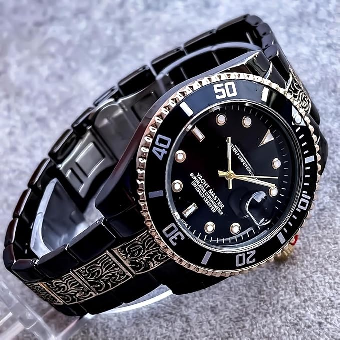 Luxury Submariner Analog Men's Watch, Black and Gold Two-Tone, Engraved Band