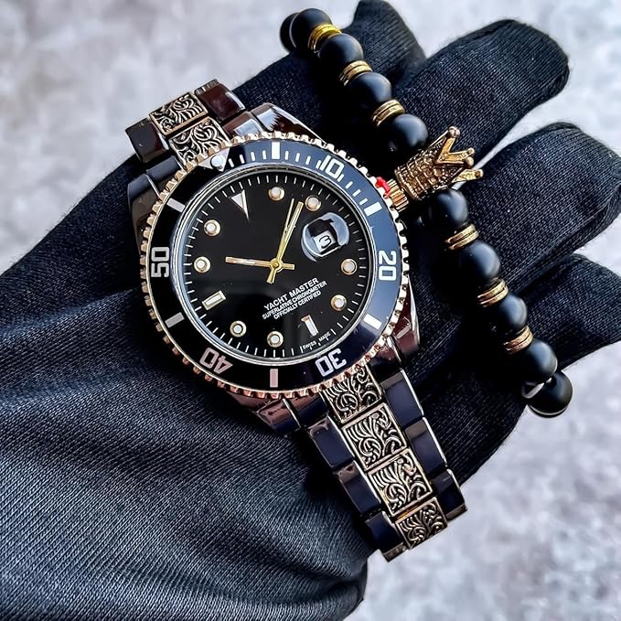 Luxury Submariner Analog Men's Watch, Black and Gold Two-Tone, Engraved Band