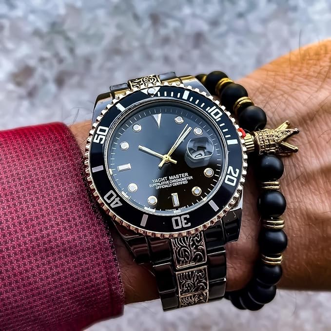Luxury Submariner Analog Men's Watch, Black and Gold Two-Tone, Engraved Band