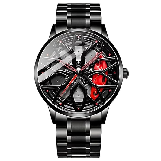 Men's Sports Watch with Racing Rim Design Roting Dial, Black Stainless Steel Band, Red Accent for CAR Wheel Watch