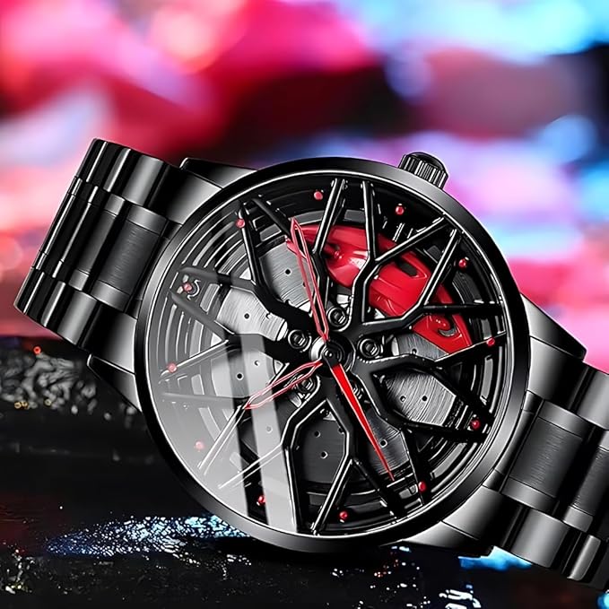 Men's Sports Watch with Racing Rim Design Roting Dial, Black Stainless Steel Band, Red Accent for CAR Wheel Watch