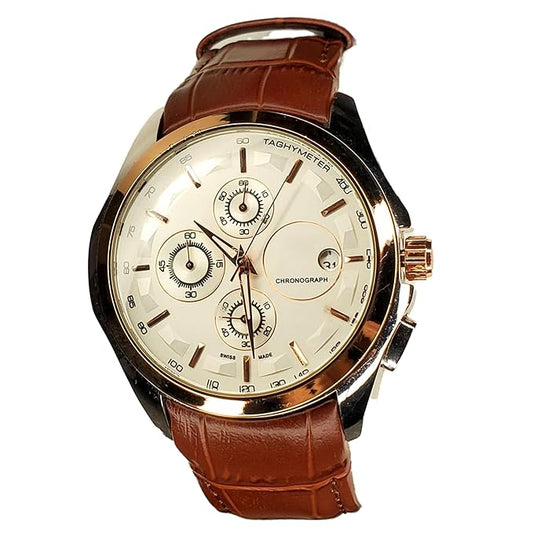 Men's Chronograph Watch with Brown Leather Strap, Rose Gold Case, White Dial, Tachymeter Wrist Watch for Men