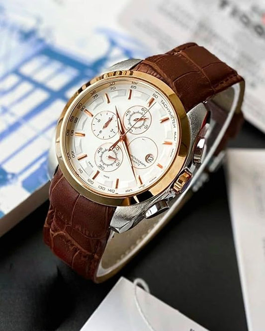 Men's Chronograph Watch with Brown Leather Strap, Rose Gold Case, White Dial, Tachymeter Wrist Watch for Men