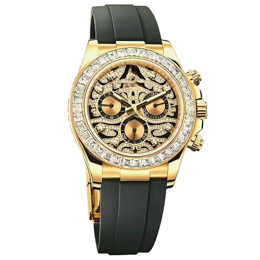 Luxury Men's Chronograph Watch, Gold Case with Diamond Bezel, Skeleton Tiger Colour Dial, Black Silicone Strap, Gift for Men, Stylish Watch for Unisex