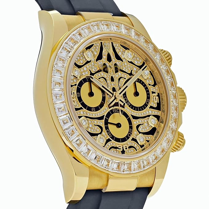 Luxury Men's Chronograph Watch, Gold Case with Diamond Bezel, Skeleton Tiger Colour Dial, Black Silicone Strap, Gift for Men, Stylish Watch for Unisex
