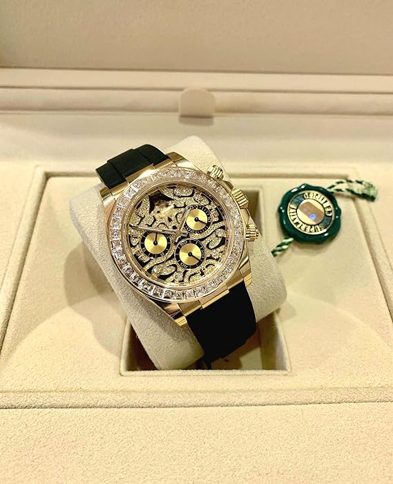 Luxury Men's Chronograph Watch, Gold Case with Diamond Bezel, Skeleton Tiger Colour Dial, Black Silicone Strap, Gift for Men, Stylish Watch for Unisex