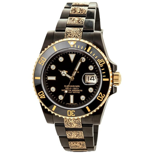 Luxury Submariner Analog Men's Watch, Black and Gold Two-Tone, Engraved Band