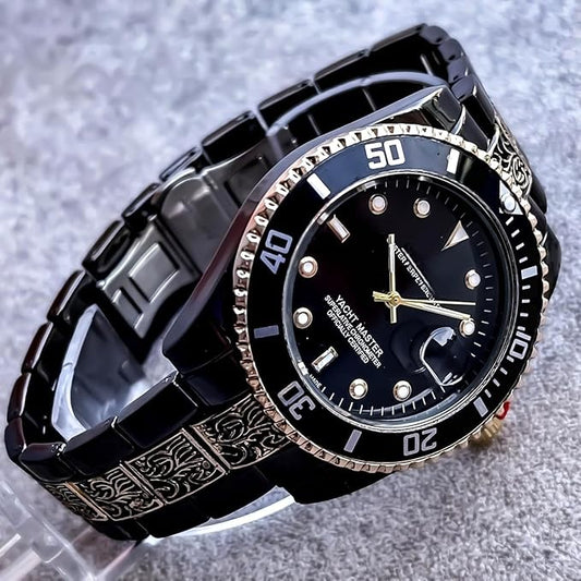Luxury Submariner Analog Men's Watch, Black and Gold Two-Tone, Engraved Band