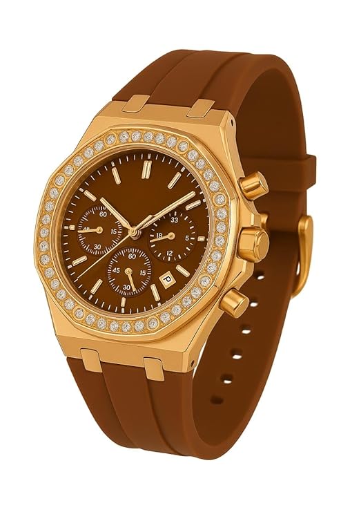 Luxury Chronograph Watch with Diamond Bezel, Gold-Tone Case, Brown Silicone Strap