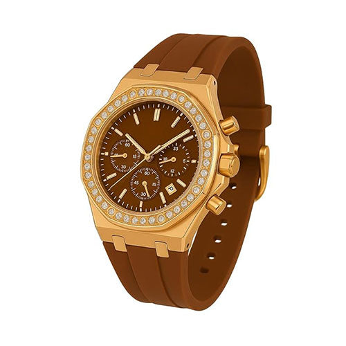 Luxury Chronograph Watch with Diamond Bezel, Gold-Tone Case, Brown Silicone Strap