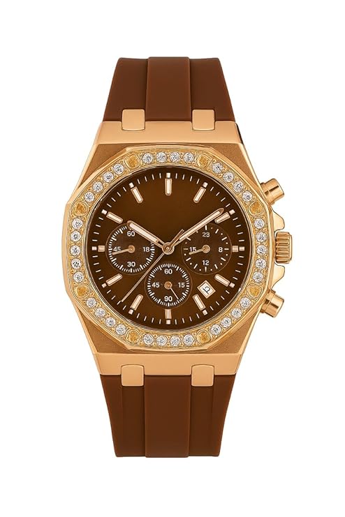 Luxury Chronograph Watch with Diamond Bezel, Gold-Tone Case, Brown Silicone Strap