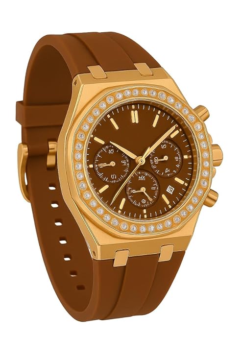 Luxury Chronograph Watch with Diamond Bezel, Gold-Tone Case, Brown Silicone Strap