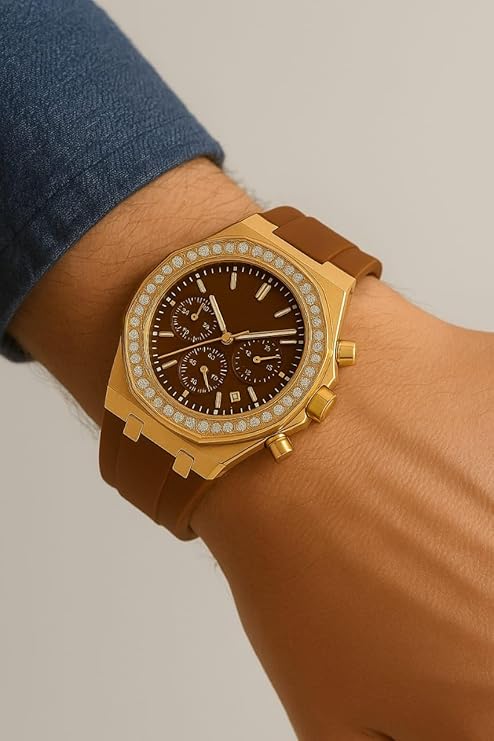 Luxury Chronograph Watch with Diamond Bezel, Gold-Tone Case, Brown Silicone Strap